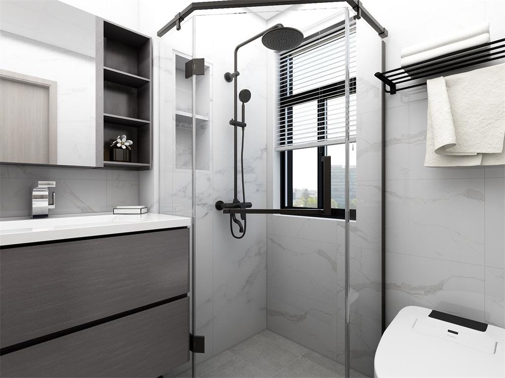 卫生间整体灰色调简单时尚，淋浴区墙面做壁龛放置洗漱用品，精致无暇。.jpg
